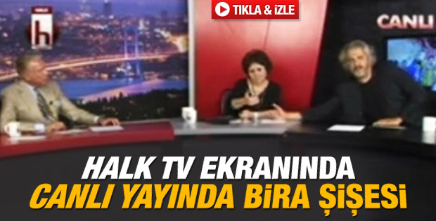 Halk TV'de canlı yayın ekranında içki şişesi İZLE