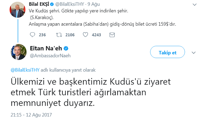 Siyonist Büyükelçiden THY  Müdürüne Küstah Cevap
